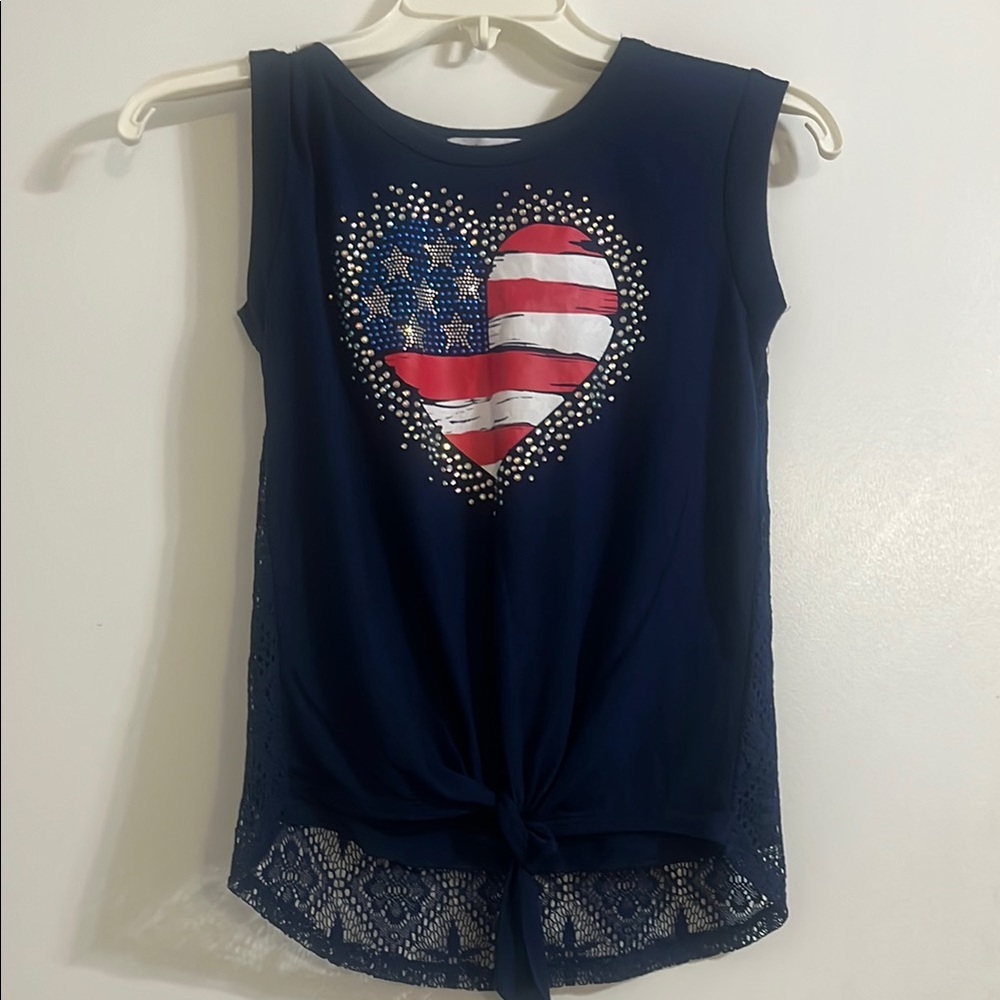 Beautees Girls Navy Sleeveless Top with American Flag Heart lace back size XL